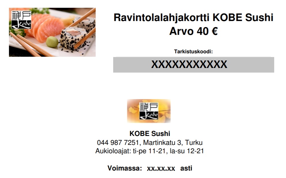 Kobe Sushi Turku Lahjakortti